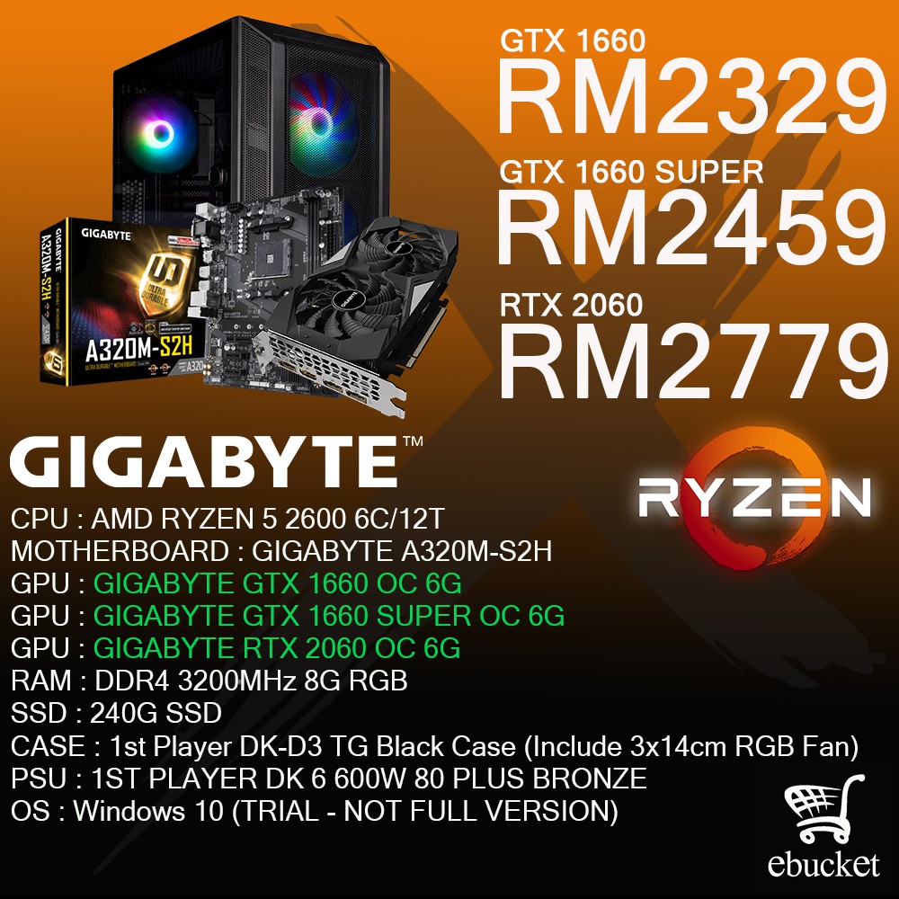 Ebucket Amd Gaming Pc Package B Amd Ryzen 5 2600 8gb 240gb Ssd Gtx 1660 Gtx 1660 Super Or Rtx 60 Shopee Malaysia