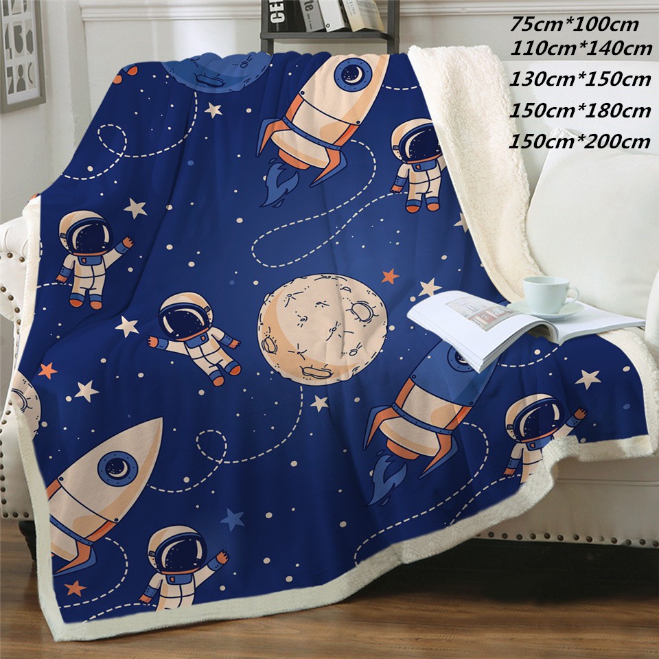 Bedding 3d Printed Blanket On A Rocket Ship Bed Blue Sherpa Wool Throw Adult Children Outer Space Astronaut Planet Stars Shopee Malaysia