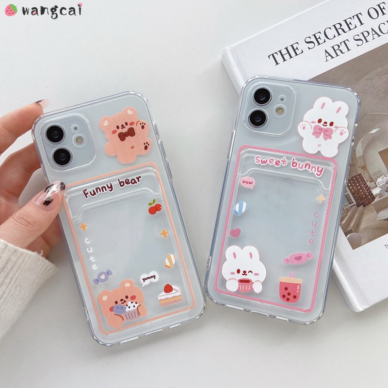 Realme C21 C15 C11 C3 C3i 5 5s 5i 6i 2 Pro U1 Phone Case Bear Rabbit Card  Holder Cartoon Put Cards Photos Wallet Card Package Transparent Clear Soft  Casing Case Cover |