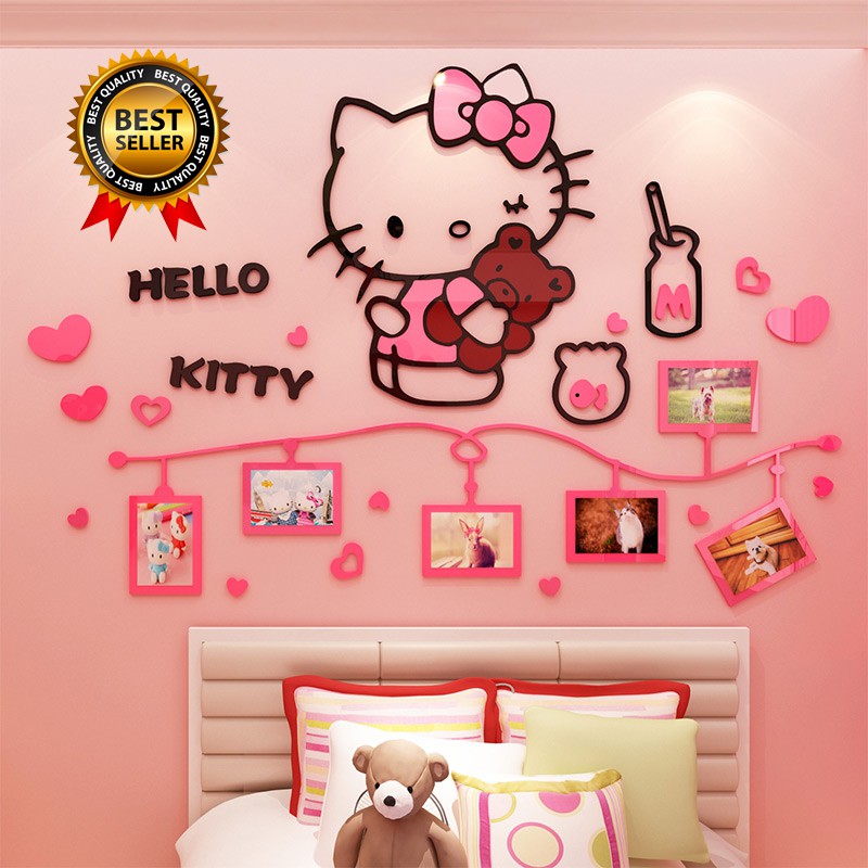 Hello Kitty Diy Wall Stickers For Kids Rooms Bedrooms 3d Acrylic Lovely Home Decor