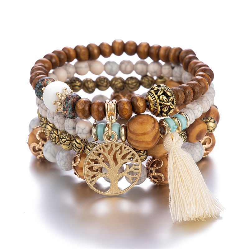 4Pcs Handmade Fashion Wood Beaded Bracelets for Women Boho Lucky Tree Tassel Pendant Multi-layer Bracelet Bangles Summer Jewelry