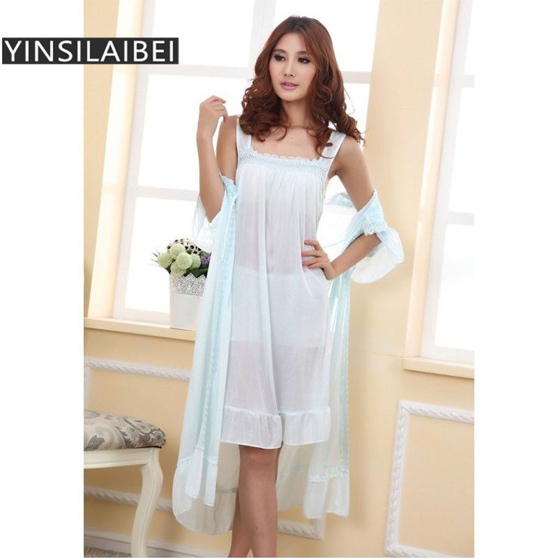 Summer Autumn Satin Nightgown Ice Silk Lace Women Sexy Nightgown Lady