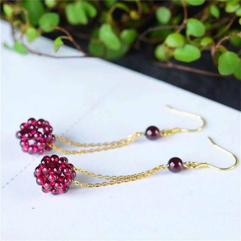 Natural Garnet Ball Earrings Female Colorful Stones Ear drop Handmade Knitted Earings Ethnic Jewelry Gift_voghion.com