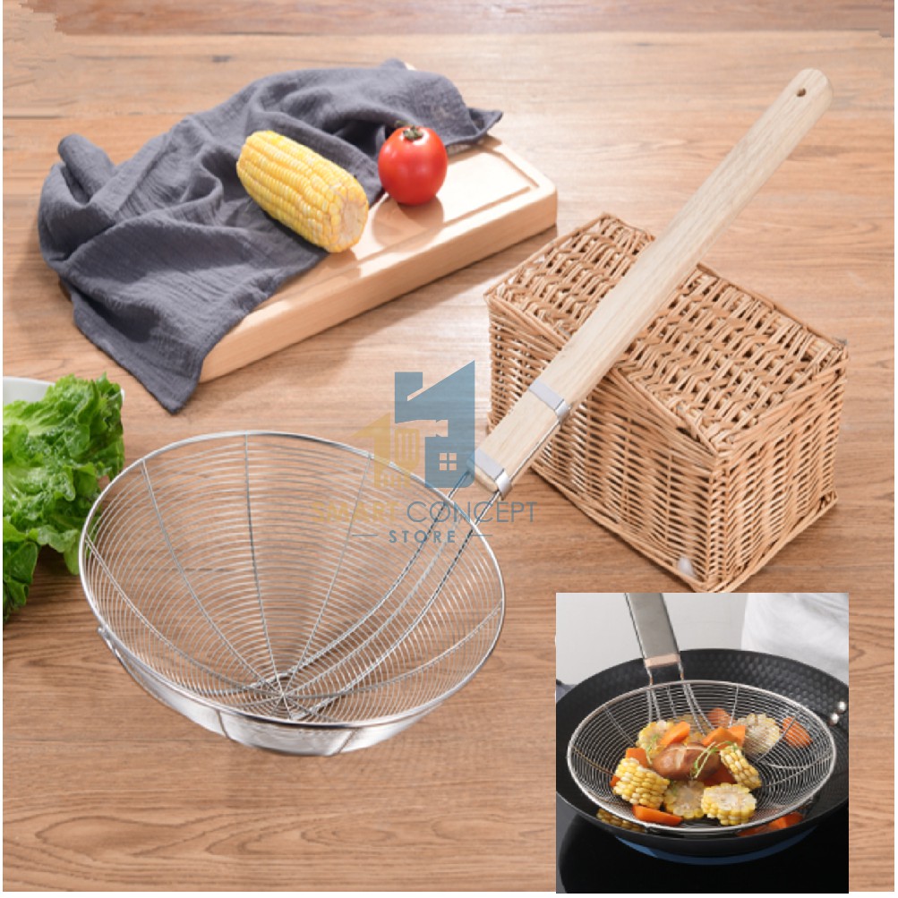 24cm Stainless Steel Frying Oil Strainer Wood Handle Food Colander/Skimmer/Tapis Minyak…