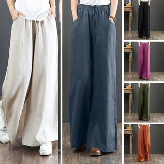 Image of ZANZEA Women Casual Wide Legs Elastic Belted Solid Color Long Pants