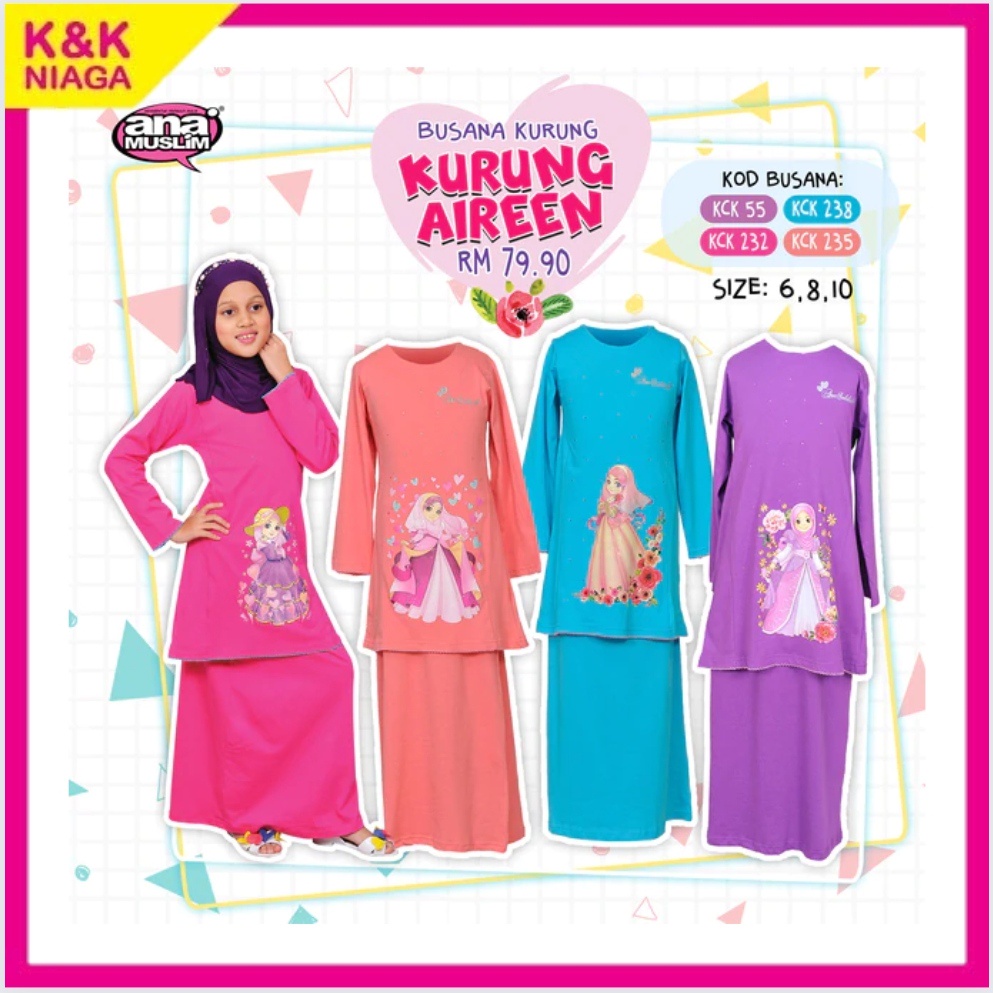 Kurung Aireen Kurung Classic Kids Baju Kurung Pakaian Kanak-Kanak Perempuan Muslimah Ana Muslim