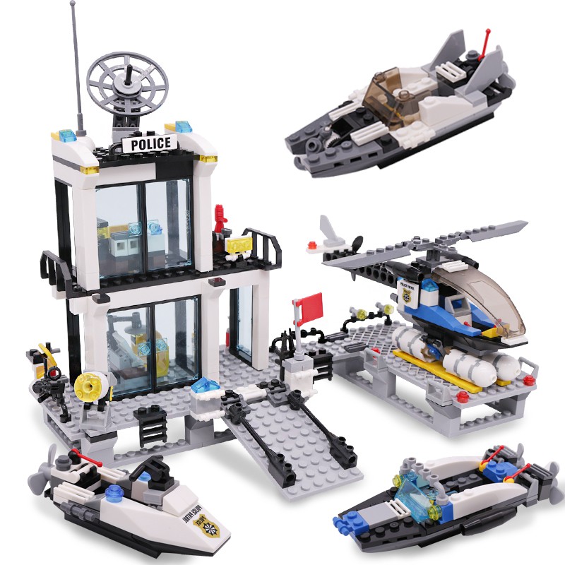 536PCS KAZI 6726 Marine Police Station Building Blocks compatible City Car Boat Helicopter Police series Bricks for children