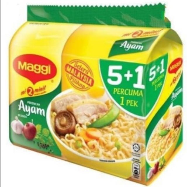 Maggi 2 Minute Chicken Instant Noodles 5 + 1 x 77g Ayam | Shopee 