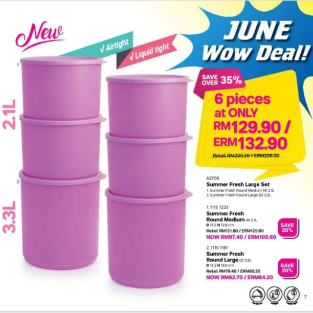 READY STOCK Tupperware (2/3/4/6pcs Combo) Summer Fresh Large Set Round Medium 2.1L Round Large 3.3L