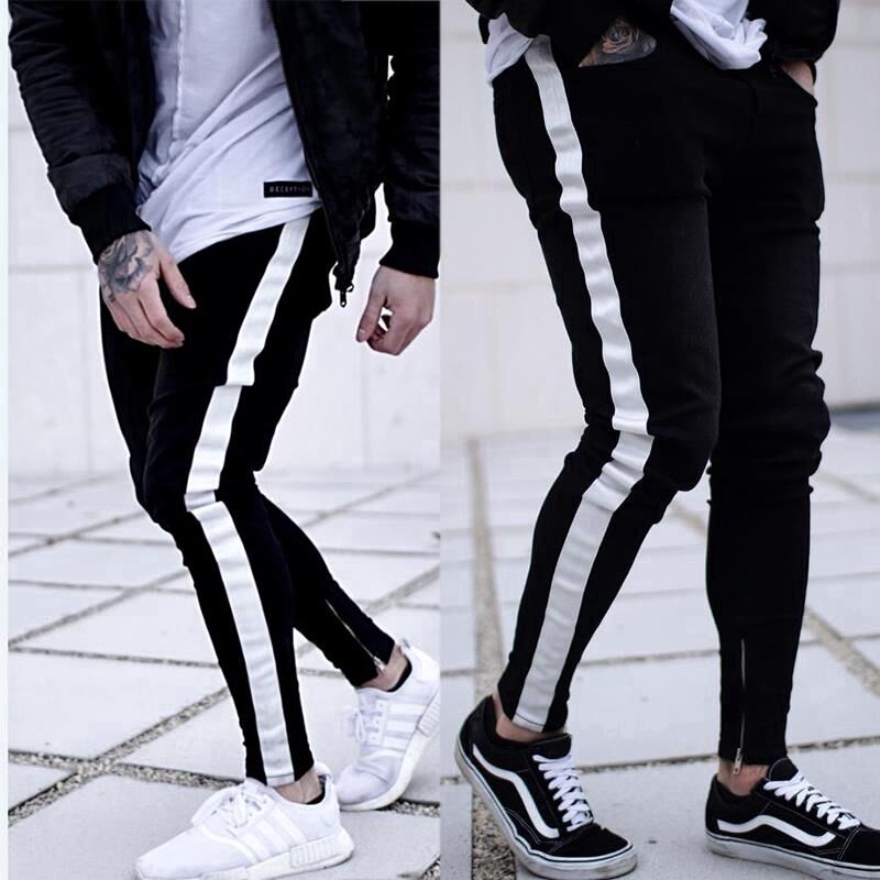 black pants with white stripe down side mens