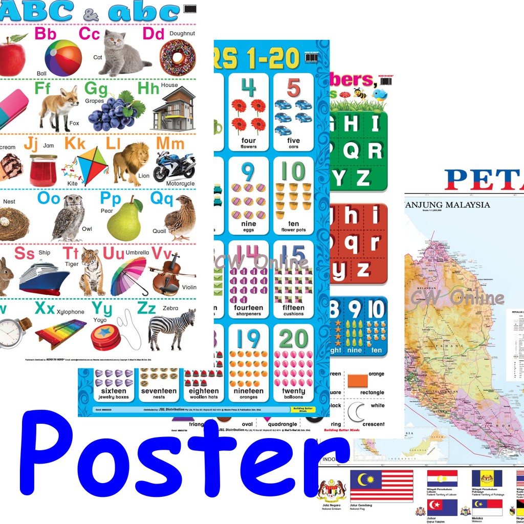 Poster Chart Abc Alphabet Number Shape Times Tables Malaysia Map Chart Classroom Learningposters Shopee Malaysia