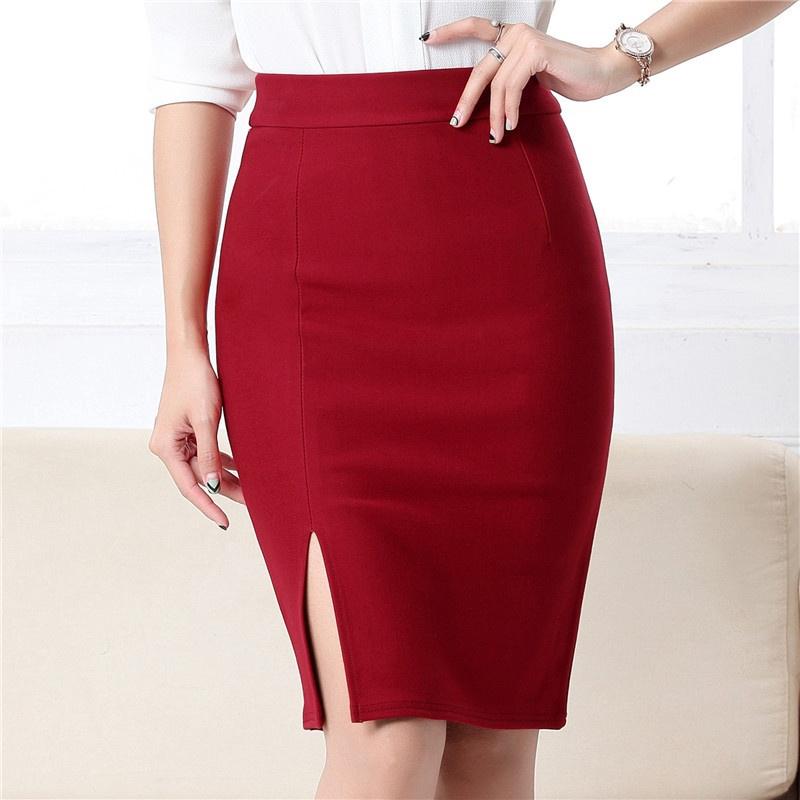 Pencil Skirt Women Elegant Slim Front Slit Midi Skirt Ladies Office ...