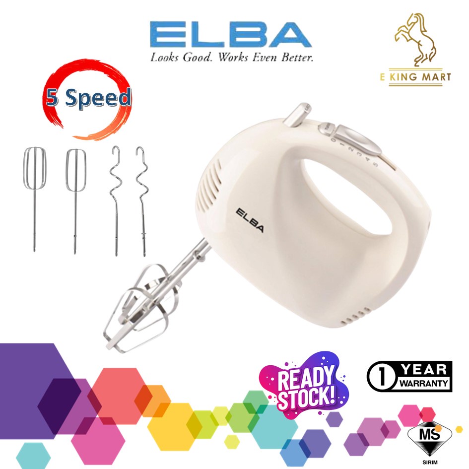 ELBA Hand Mixer 5 Speed 200w EHM-D2520(WH) With Beaters and Dough Hooks Mixer Tangan Egg Beater