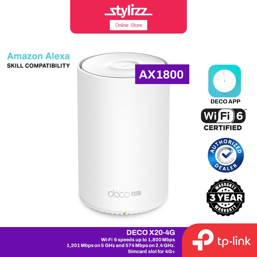 TPLINK Deco X20 4G 4G+ AX1800 Whole Home Mesh WiFi 6 Gateway LTE