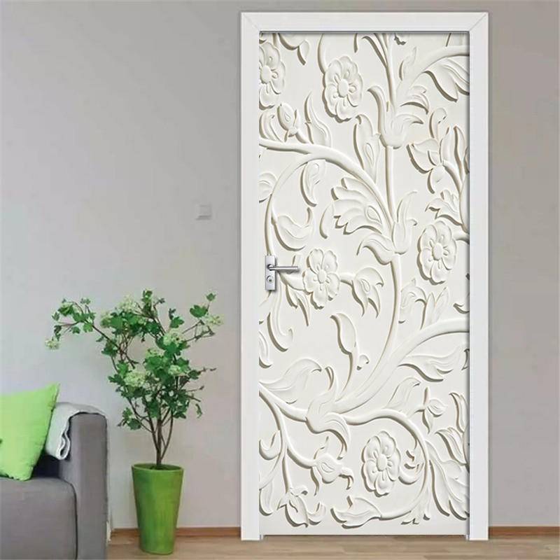 2 Pcs/Set 3DWhite Embossed Flowers Stickers Door Wall Sticker DIY Mural Bedroom Home Decor Poster PVC Waterproof Door St