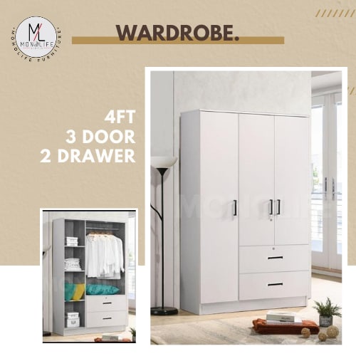 Monolife 4 Feet White Wardrobe With Lock / 3 Door Wardrobe With 2