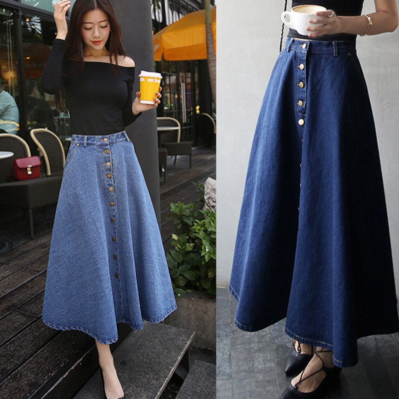 high waisted denim maxi skirt