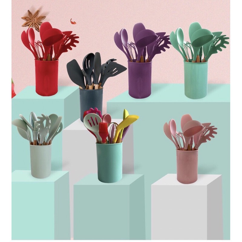 【READY Stock】✲☎✻12 Pcs Silicone spatula Senduk Viral SpaCooking Tools Set Kitchen Cookware Utensils Scraper Penyepit Bru