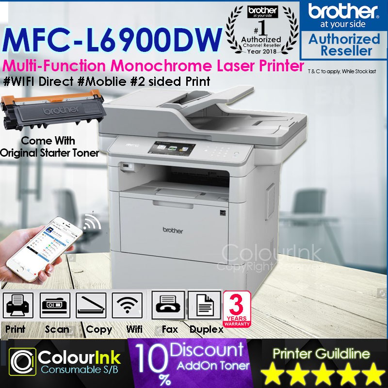 Brother MFCL6900DW Monochrome Laser Printer with Duplex Print Scan Fax