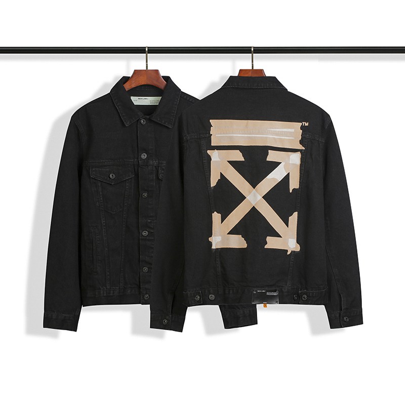 OFF WHITE OW Yellow Tape Arrow Cordon Arrow Washed Old Denim Jacket Button Men Women Street Casual loose Black