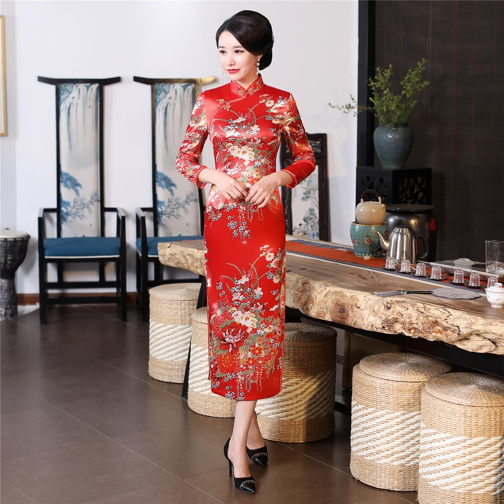 red chinese print dress