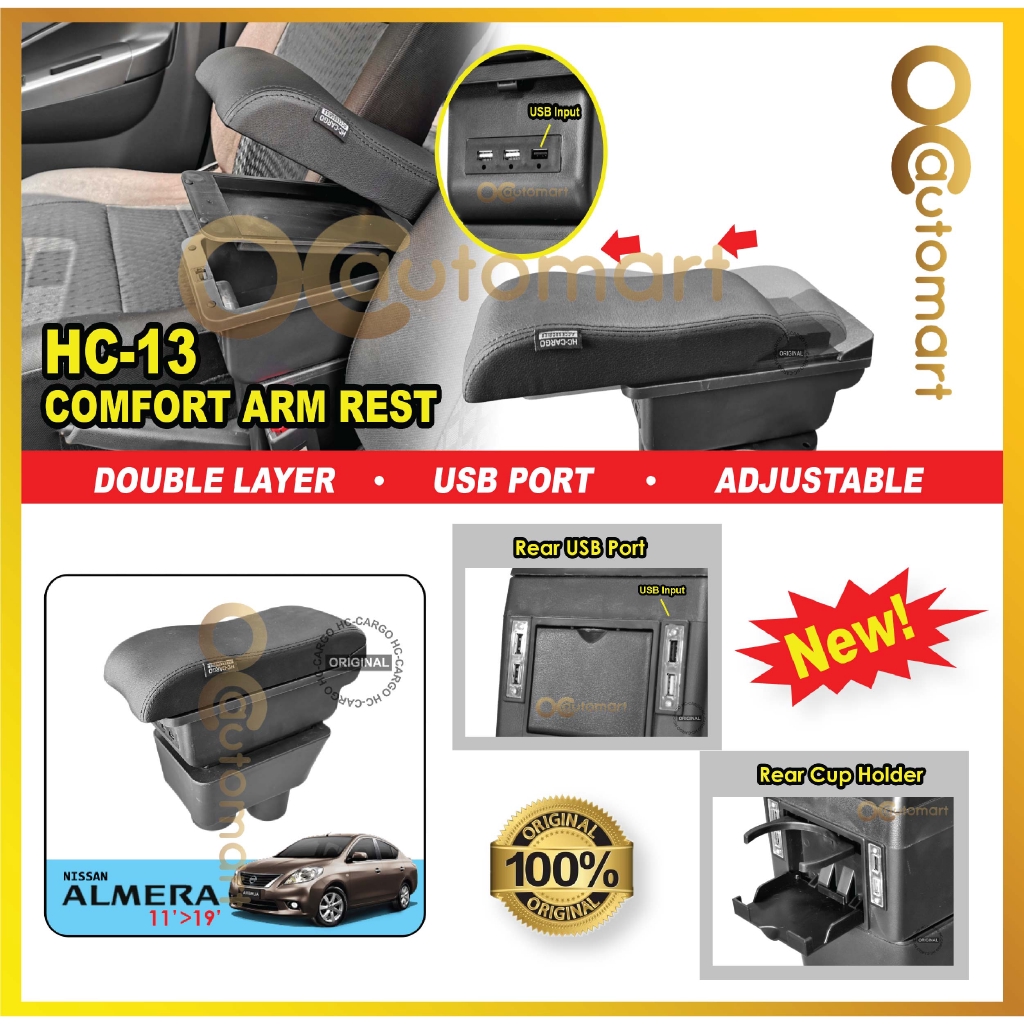 USB LED Indicator Double Layer Comfort Adjustable Arm Rest / Console Box - Nissan Almera 11-19
