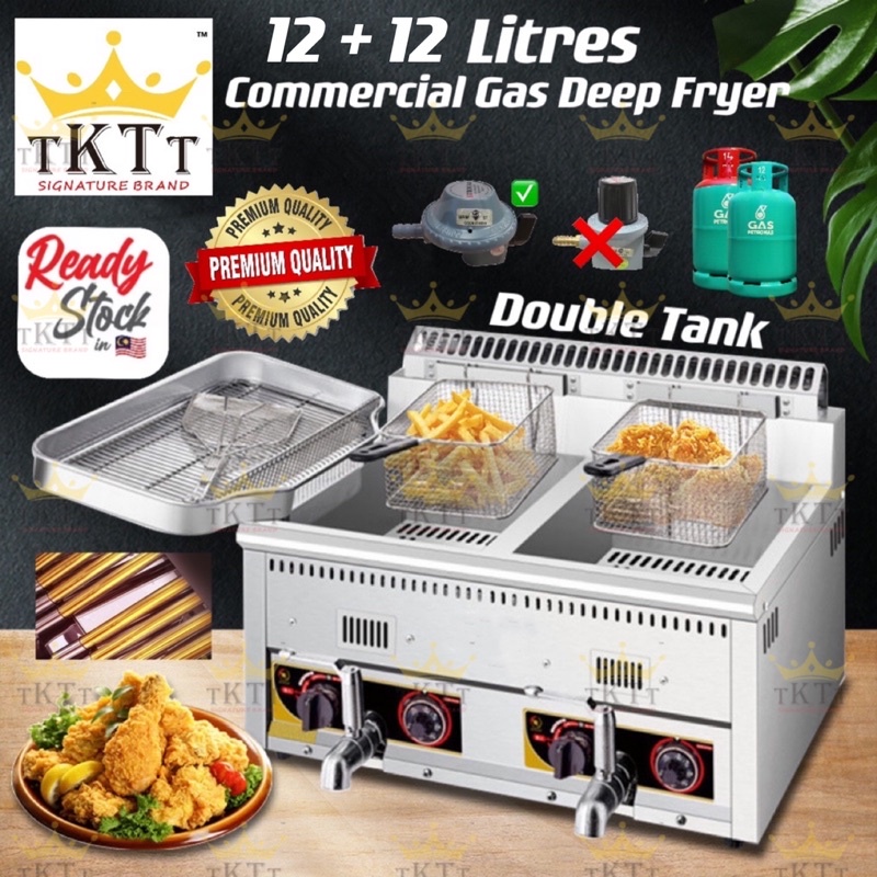 TKTT 24L Dual Tank Commercial Gas Deep Fryer Desktop Automatic Temperature Fryer Dapur Goreng Ayam Gunting Serbaguna