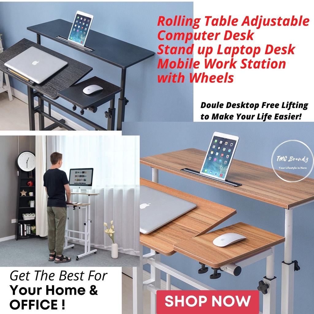 Rolling & Ergonomic Standing Height Adjustable Computer Table Laptop Desk Mobile Workstation Home Office Gaming Drawing