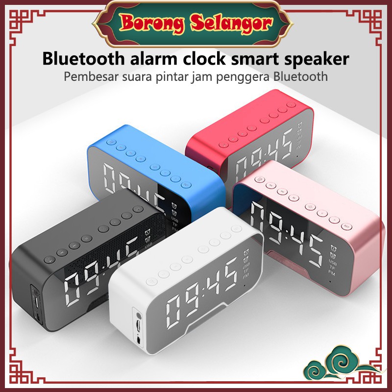 【ready stock】Bluetooth Speaker Wireless with FM Radio LED Mirror Alarm Clock Subwoofer Music Player Desktop Clock