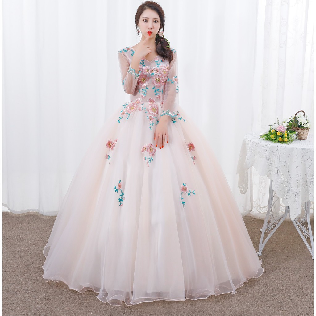 S3XL Beige White Floral Fairy Bridal Wedding Long Sleeve