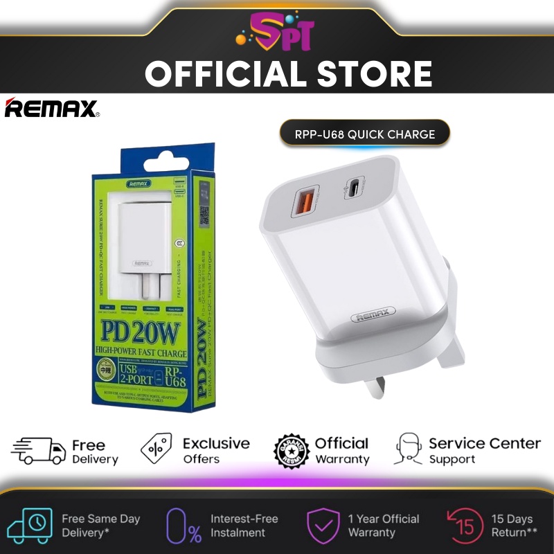 REMAX RP-U68 Super Fast Charge PD 20W + QC 18W Fast Charge USB + Type-C ...