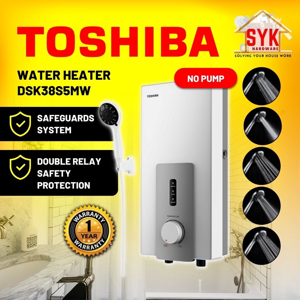 SYK Toshiba DSK38S5MW Instant Electric Water Heater No Pump Bathroom Shower Water Heater Mesin Air Panas Mandi