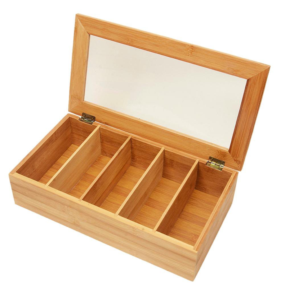 Bamboo system Tea Bag Jewelry Organizer Storage Box 5 Compartments Tea