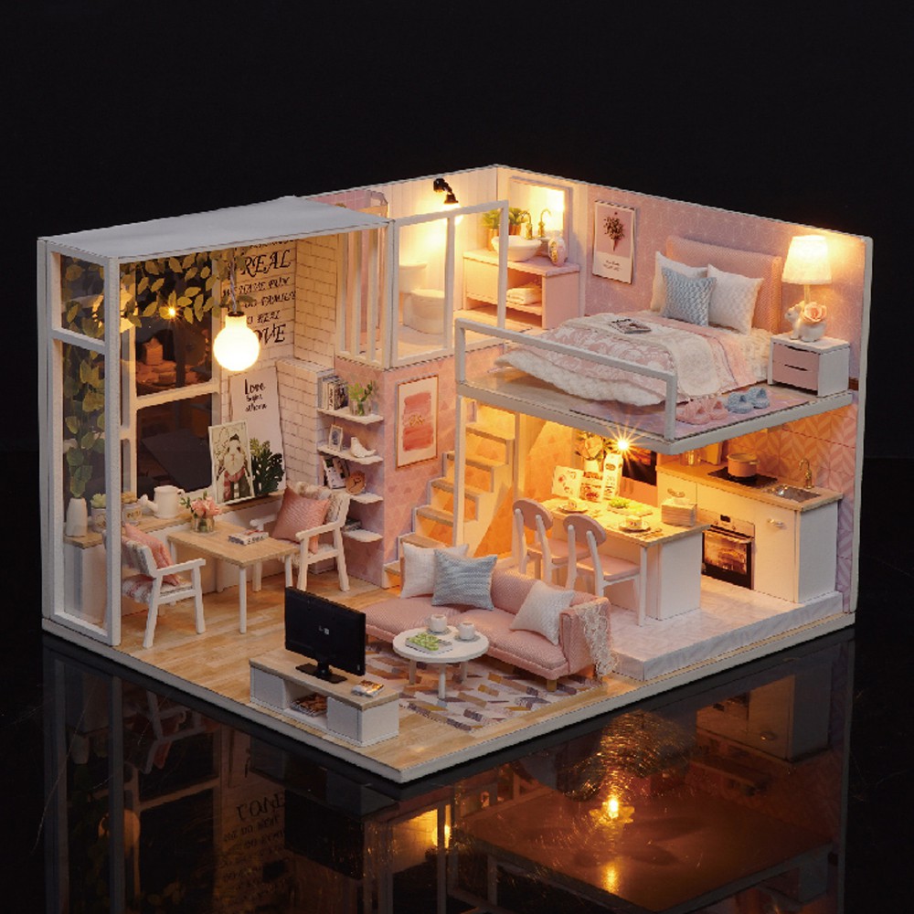 Diy Miniature Loft Dollhouse Kit Realistic Mini 3d Pink Wooden House Room Toy With Furniture Led Lights Christmas C Shopee Malaysia