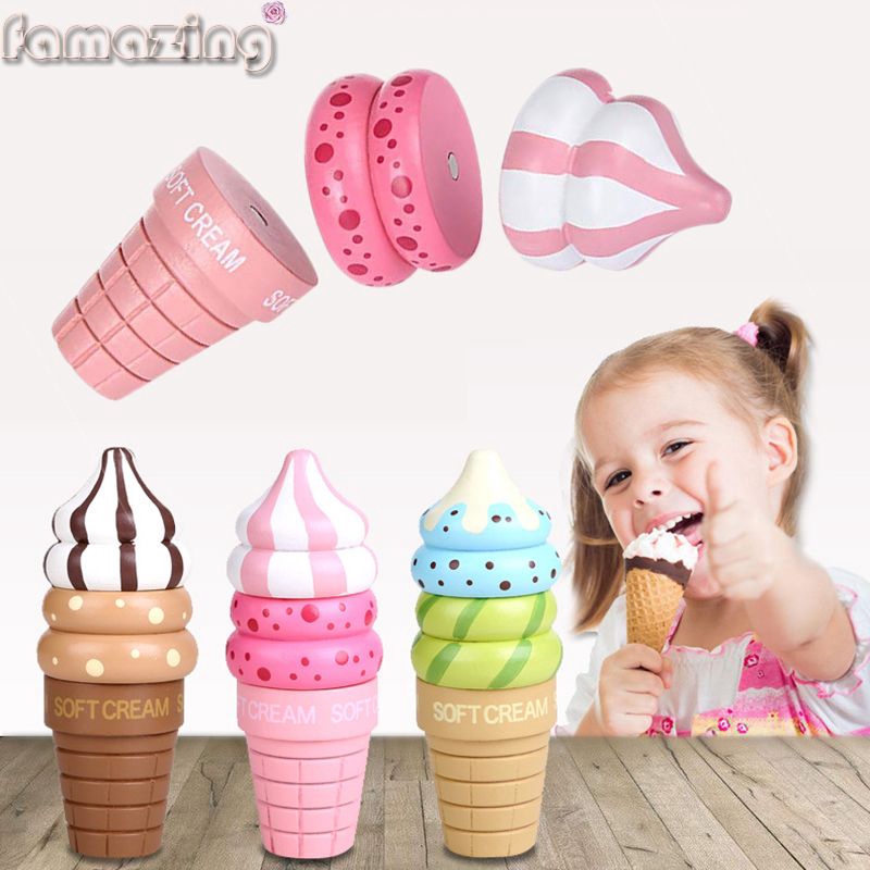 Wooden Kitchen Food Pretend Play Magnetic Connected Ice Cream Kids Toy Game Top