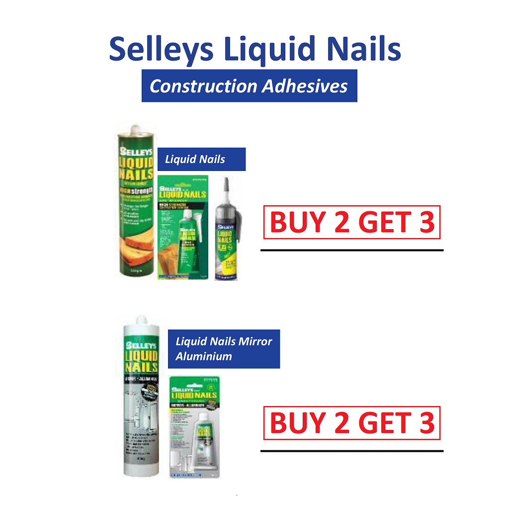 BUY 2 GET 3 SELLEYS LIQUID NAILS CONSTRUCTION ADHESIVE FOR CERAMIC, METAL, WOOD, CONCRETE & TILE/GLASS & METAL 75G 320G