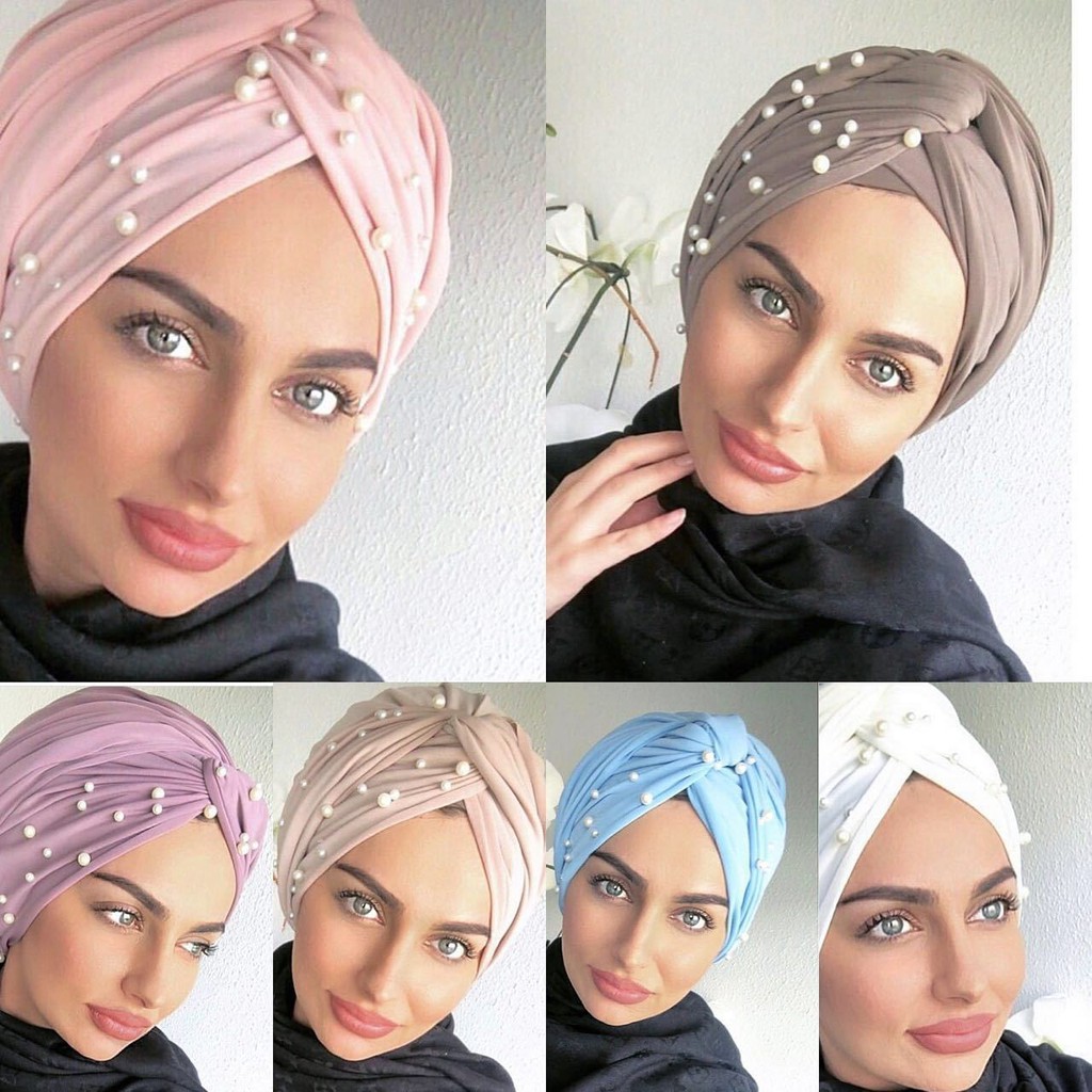 Fashion Women Scarf Pearl Beading India Hat Muslim Ruffle Beanie Turban