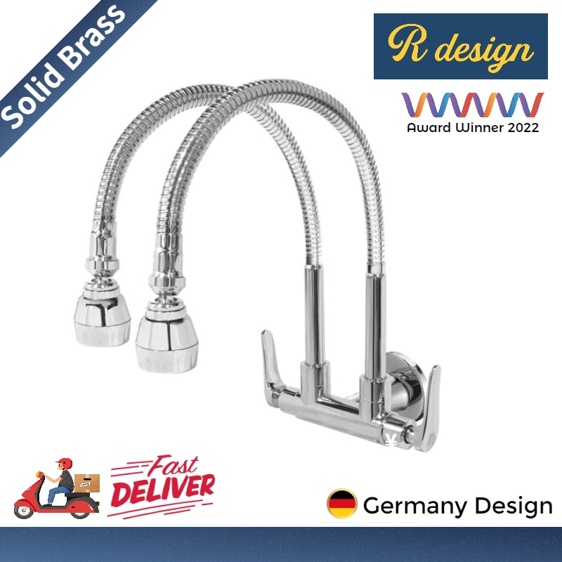 R DESIGN DOUBLE FLEXIBLE HOSE WALL SINK TAP BRASS BODY STAINLESS STEEL SPOUT KITCHEN SINK TAP