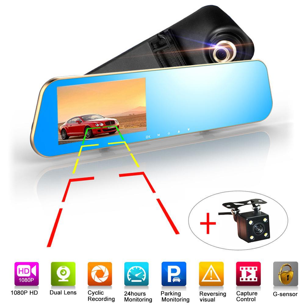 1080P 720P HD Car Cam DVR Wide Angle Anti-glare Blue Mirror Monitor Dual Lens 4.3".