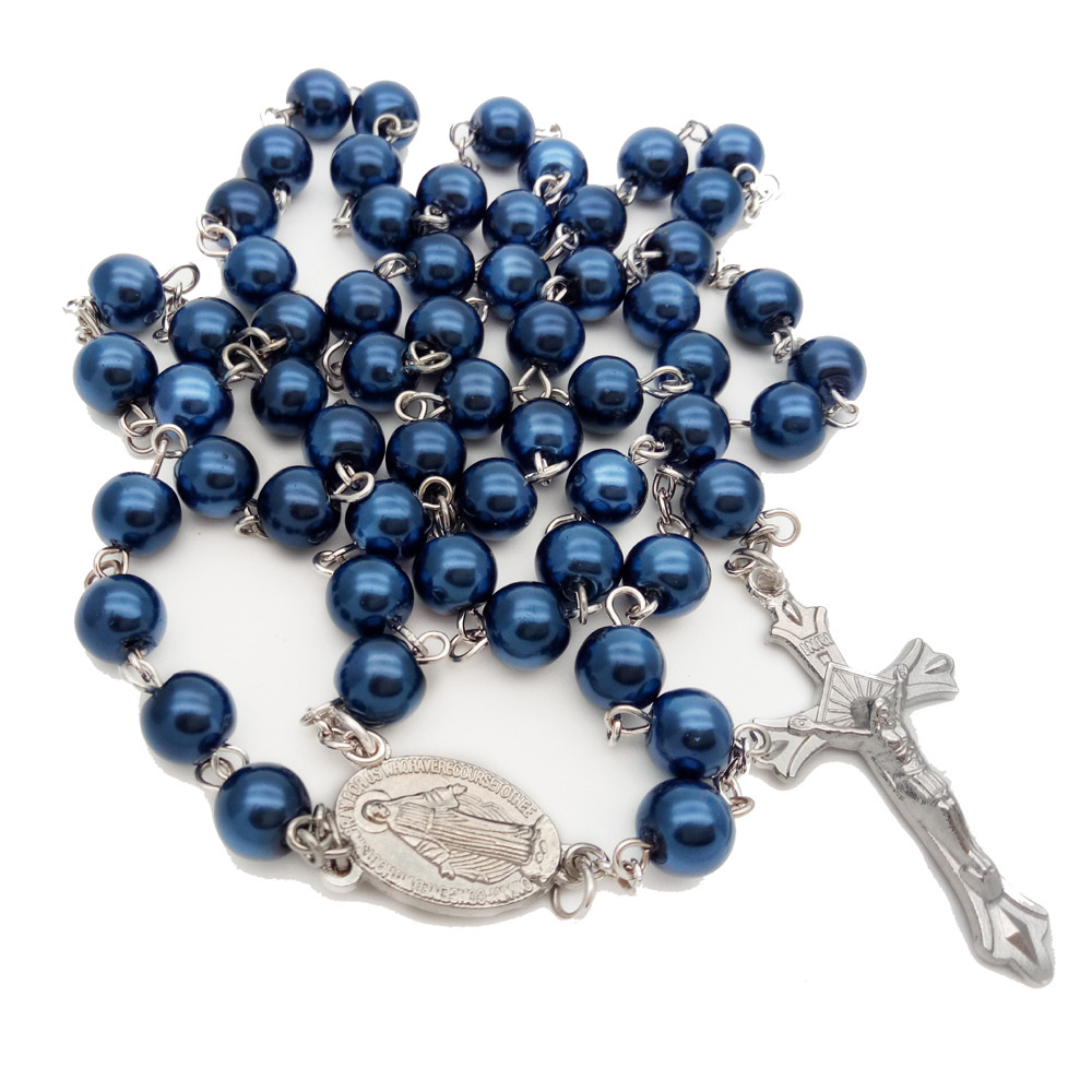 Royal Blue Pearl Rosary Necklace Catholic Christian Cross Jewelry Prayer Beads