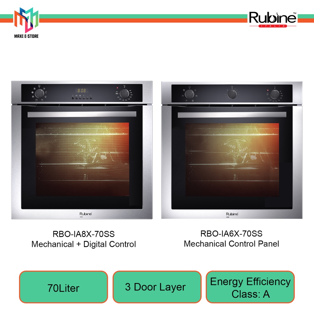 Rubine RBOIA8X70SS Stainless Steel BuiltIn Oven 70L with 8 Cooking