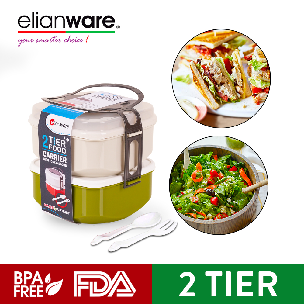 ELIANWARE 2 Layer Tier Microwaveable [BPA FREE] Square Tiffin Food Carrier Lunch Box with Fork & Spoon