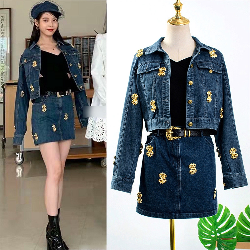 black denim jacket and skirt set