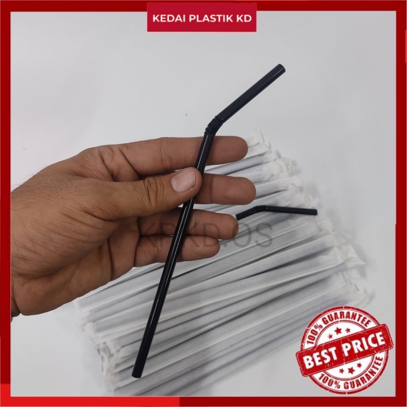 STRAW FLEXIBLE HITAM 200pcs 9” individual packing MURAH !!