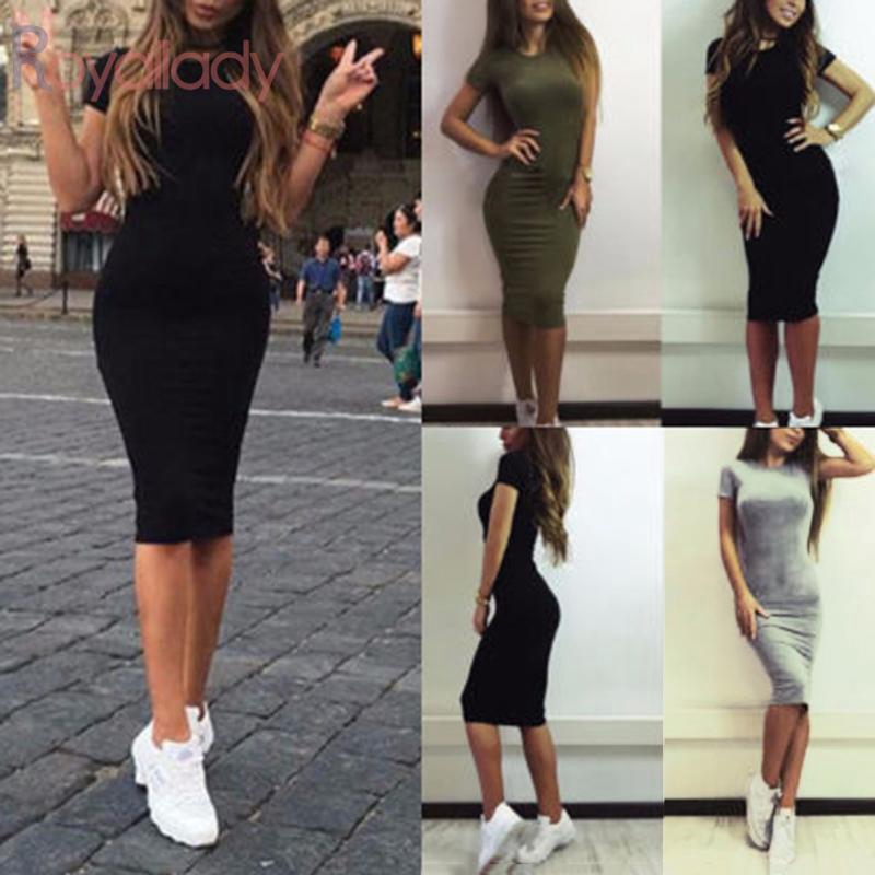 Dress Slim Sexy Midi Short Sleeve Bodycon Party Summer Leisure Casual Evening Short Solid Women Cocktail Brand New