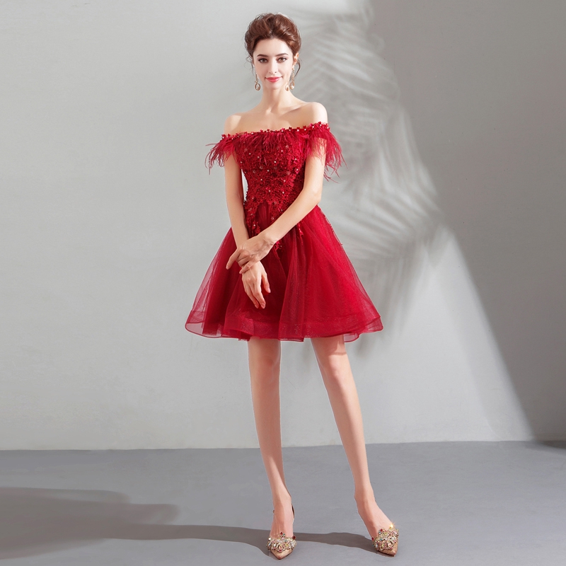 Fairy Red Short Modern Feather Wedding Dress Wedding Dress Wedding