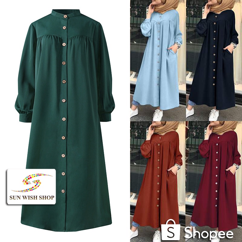 SUNWISH SWS09175 Cool Feel Muslim Women Dress Saree Loose Art Large Long Sleeve Dress Baju Dress Wanita Labuh Dress Muslimah