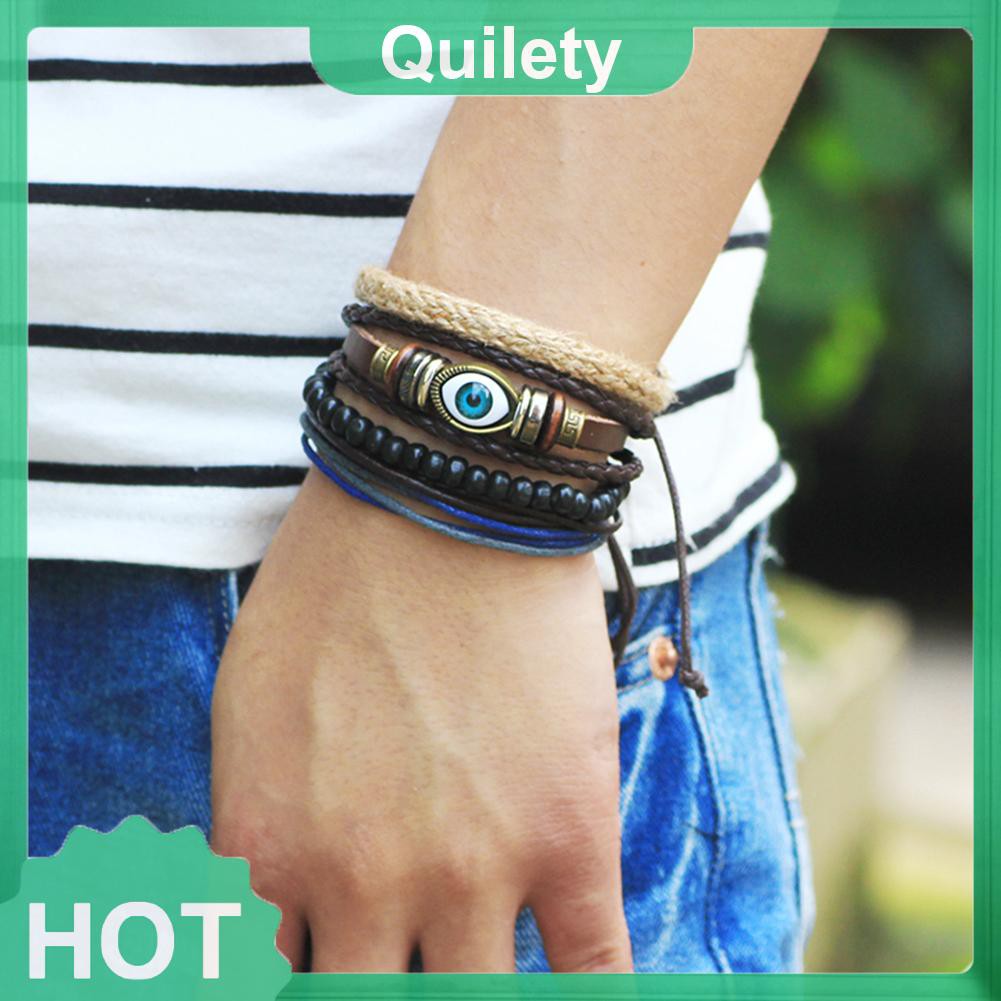 4pcs Retro Weave Bracelet Multilayer Leather Bangles Unisex Jewelry Gift L/&6