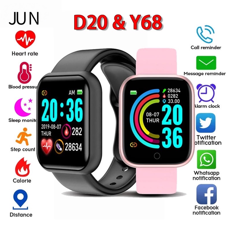 D20 Y68 Smart Watch Bluetooth Compatible Watches Men Women Waterproof IP67 Sport Fitness Tracker Smart Bracelet Heart Rate Monitor iPhone Android