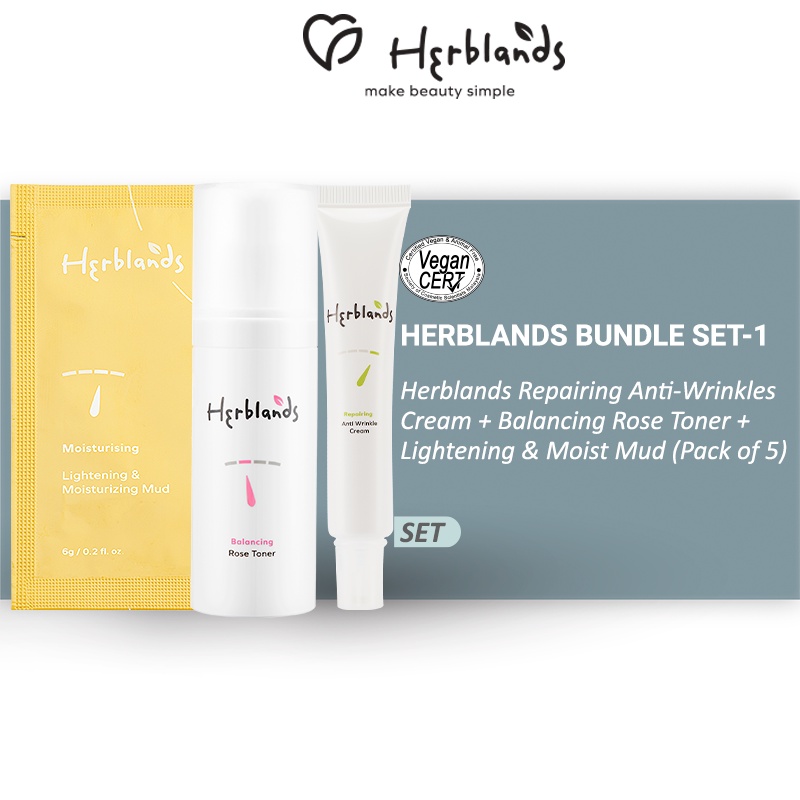 [Bundle Deal]Herblands Repairing Anti-Wrinkles Cream + Balancing Rose Toner (100ml) + Lightening & Moisturizing Mud